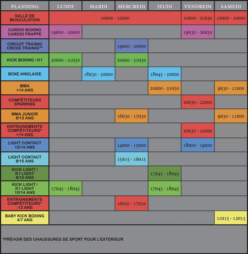 Planning des cours des disciplines - Saison 2024 - 2025